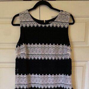 Karl Lagerfeld Paris lace sheath dress, navy, white, snowflake trim